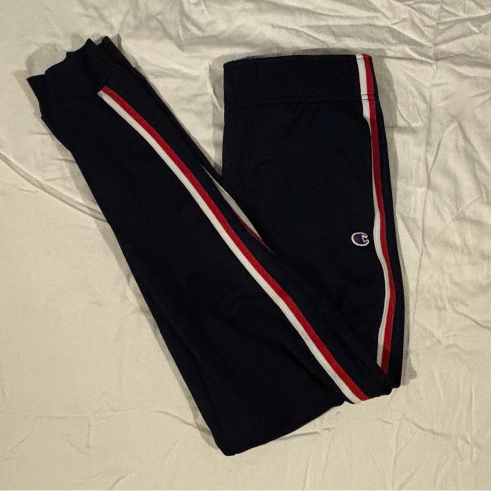 Champion Navy Track Pants with Red and White Stripes